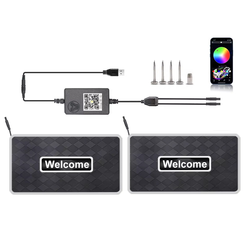 Alfombrillas LED personalizables con logo y luz neón RGB — resistentes al agua y compatibles con cualquier vehículo