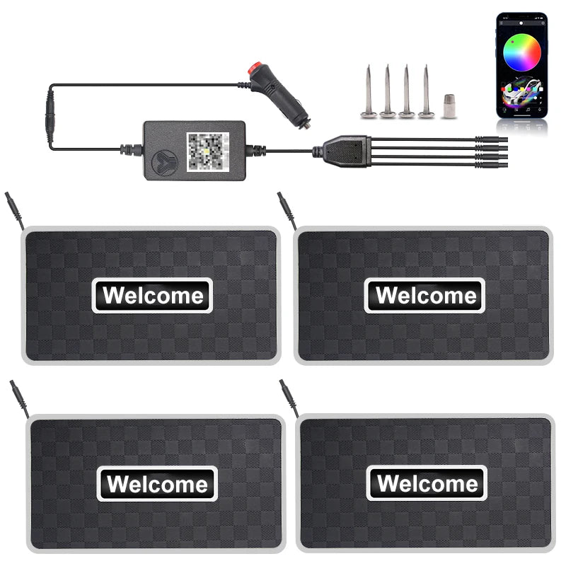 Alfombrillas LED personalizables con logo y luz neón RGB — resistentes al agua y compatibles con cualquier vehículo