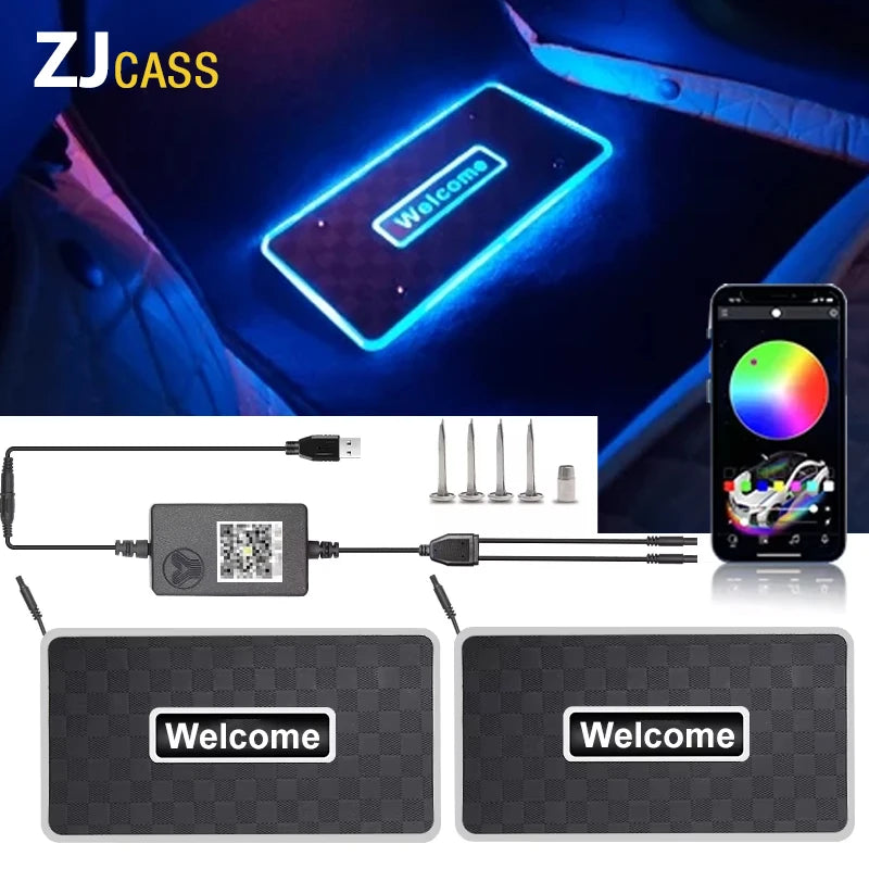 Alfombrillas LED personalizables con logo y luz neón RGB — resistentes al agua y compatibles con cualquier vehículo
