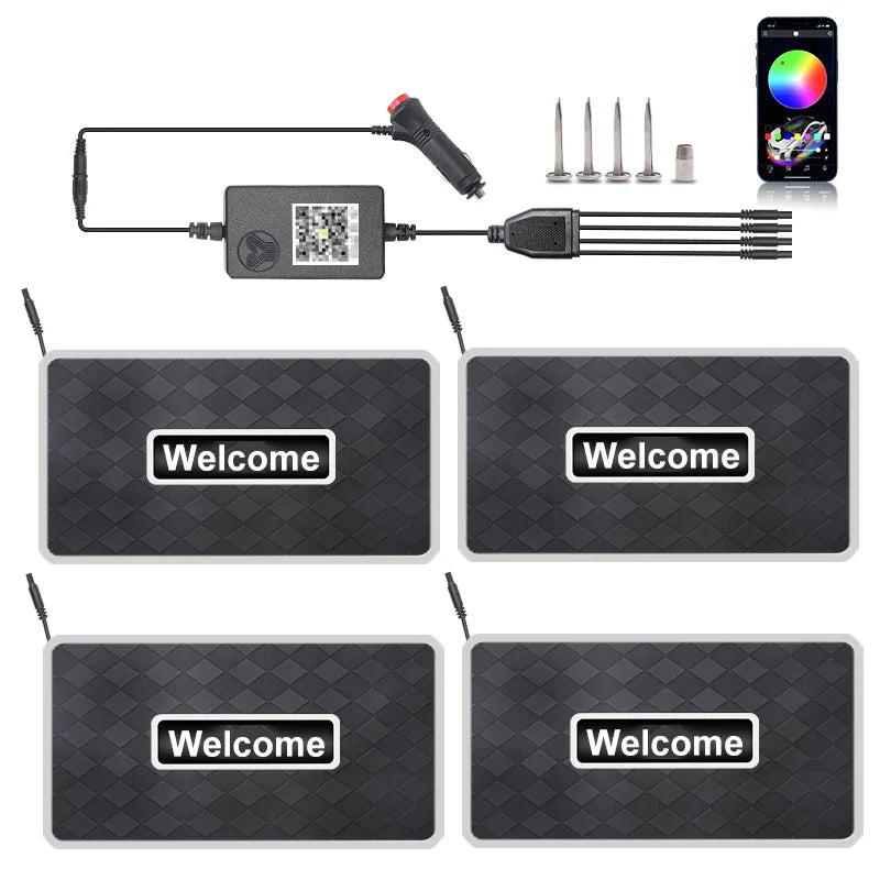 Alfombrillas LED personalizables con logo y luz neón RGB — resistentes al agua y compatibles con cualquier vehículo
