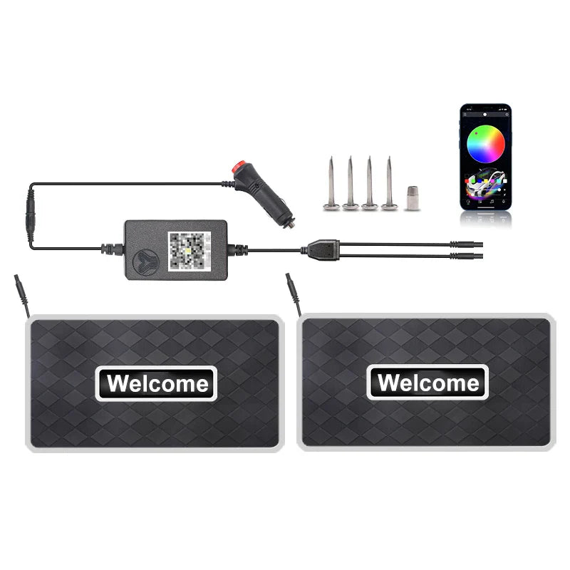 Alfombrillas LED personalizables con logo y luz neón RGB — resistentes al agua y compatibles con cualquier vehículo