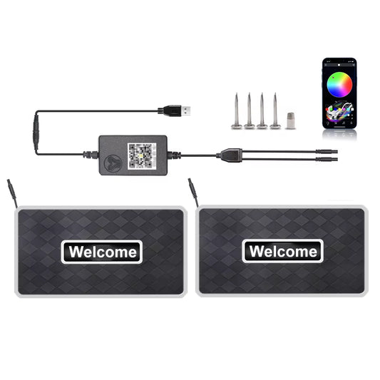 Alfombrillas LED personalizables con logo y luz neón RGB — resistentes al agua y compatibles con cualquier vehículo